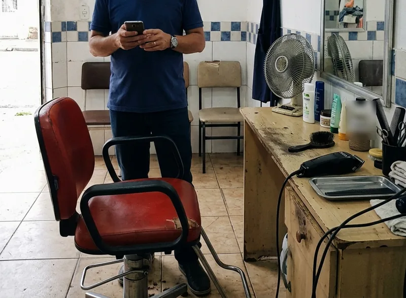 Barbeiro de costas segurando o celular na porta de uma barbearia de bairro