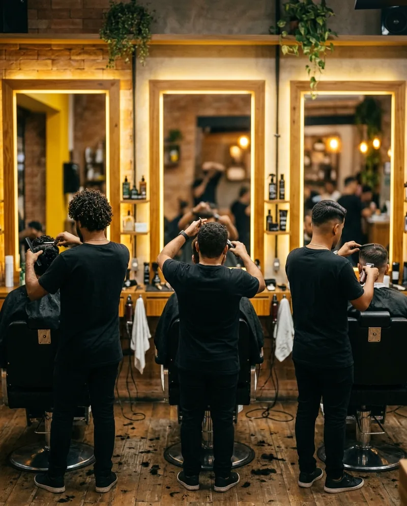 Salão de barbearia com três cadeiras alinhadas, sem pessoas