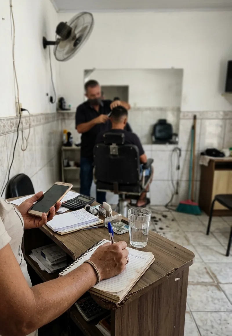 Balcão de recepção de barbearia com um caderno de agenda aberto